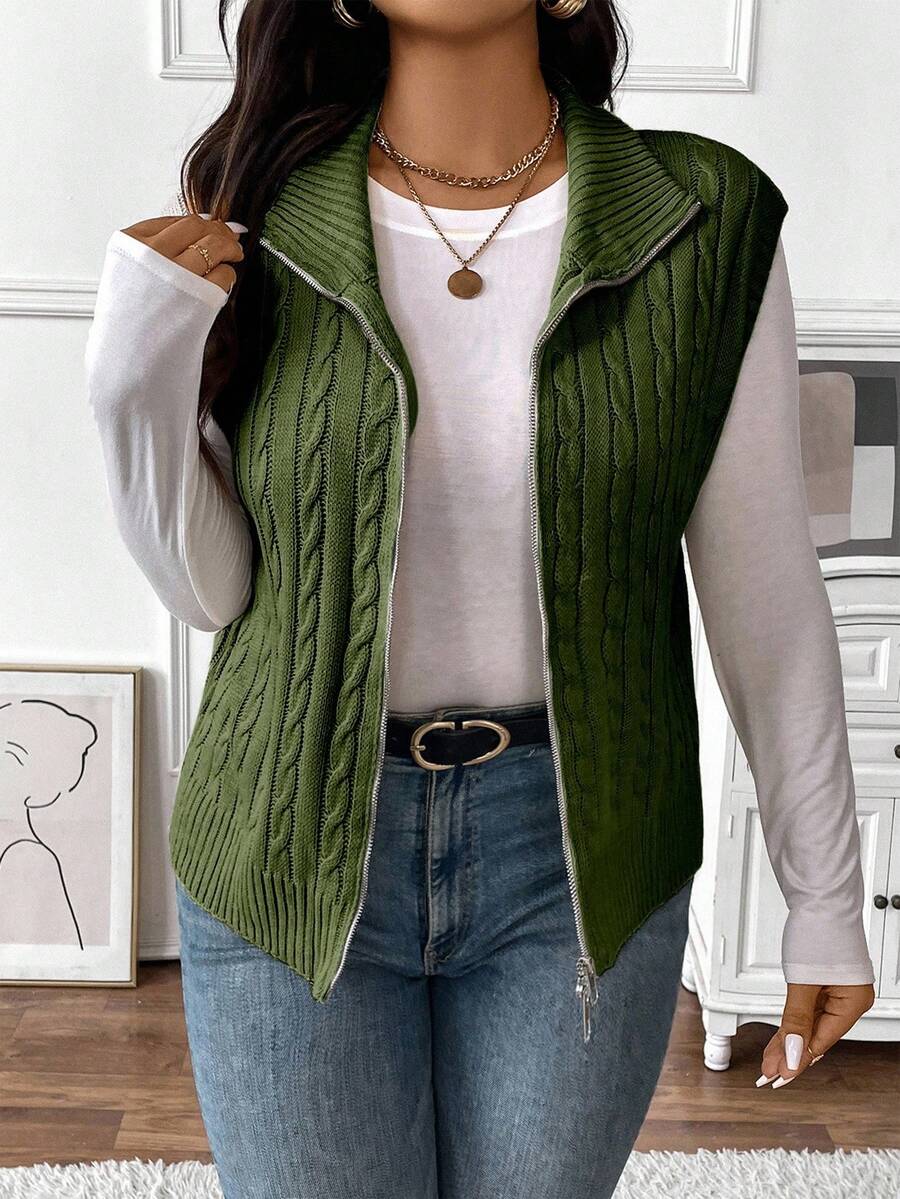 EMERY ROSE Plus Size Women Solid Color Knitted Mock Neck Cable Knit Collegiate Style Zip Front Vest, Autumn/Winter - Olive Green - View 1