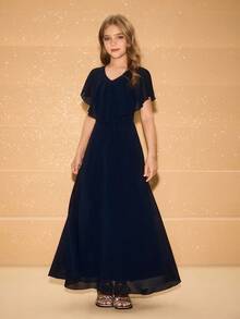 Girls' Chiffon Sleeveless Ruffle Hem Dress, Suitable For Flower Girl, Wedding, Prom, Birthday Party, Christmas, Halloween, Back To School, Graduation Fall Winter - Blue - View 3