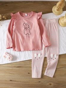 2pcs/Set Young Girl Crew Neck Ribbed Knit Long Sleeve Top With Cute Rabbit Embroidery & Striped Pants, Cozy Loungewear, Autumn/Spring Fall Winter - Multicolor - View 1
