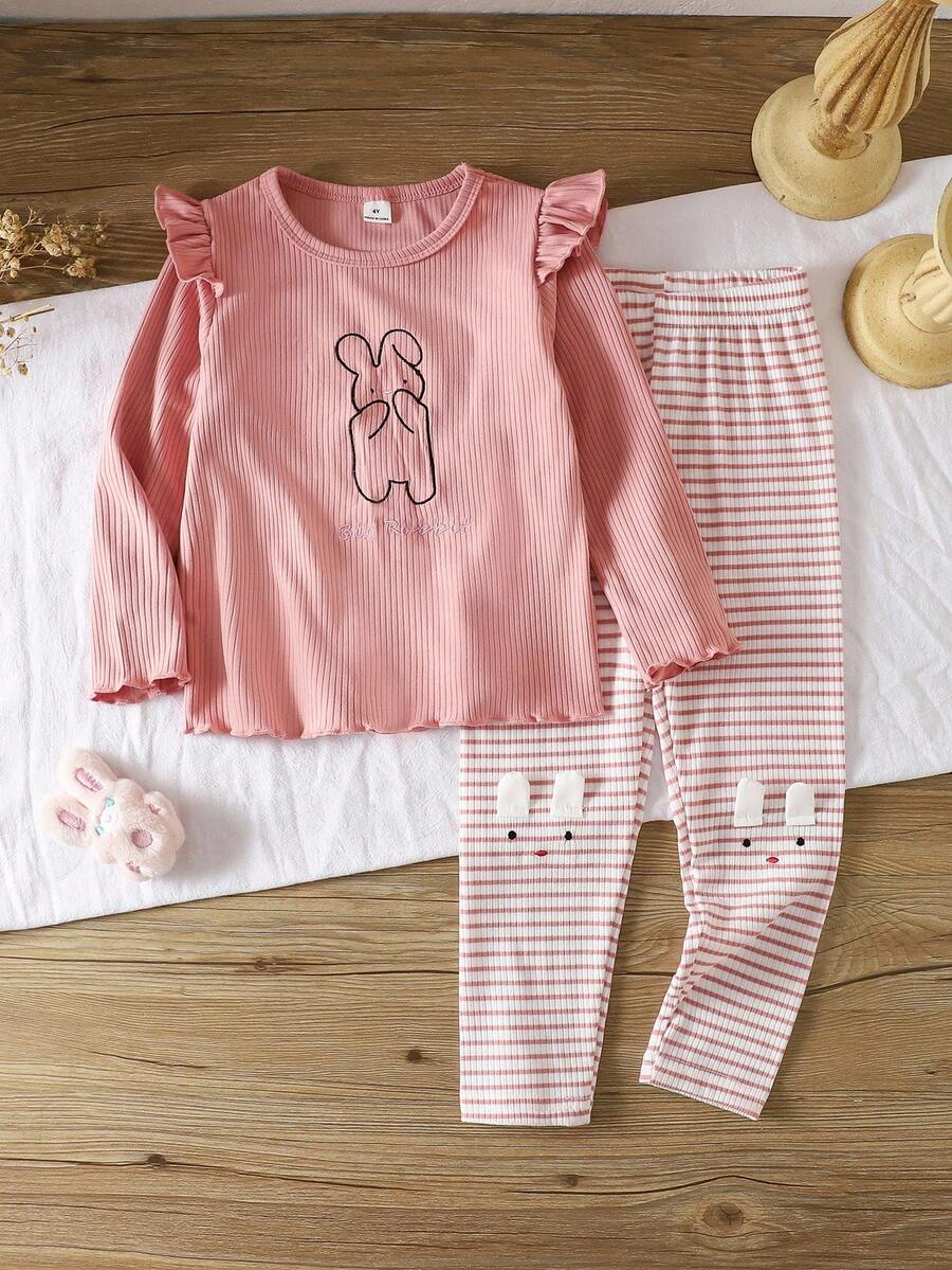 2pcs/Set Young Girl Crew Neck Ribbed Knit Long Sleeve Top With Cute Rabbit Embroidery & Striped Pants, Cozy Loungewear, Autumn/Spring Fall Winter - Multicolor - View 1