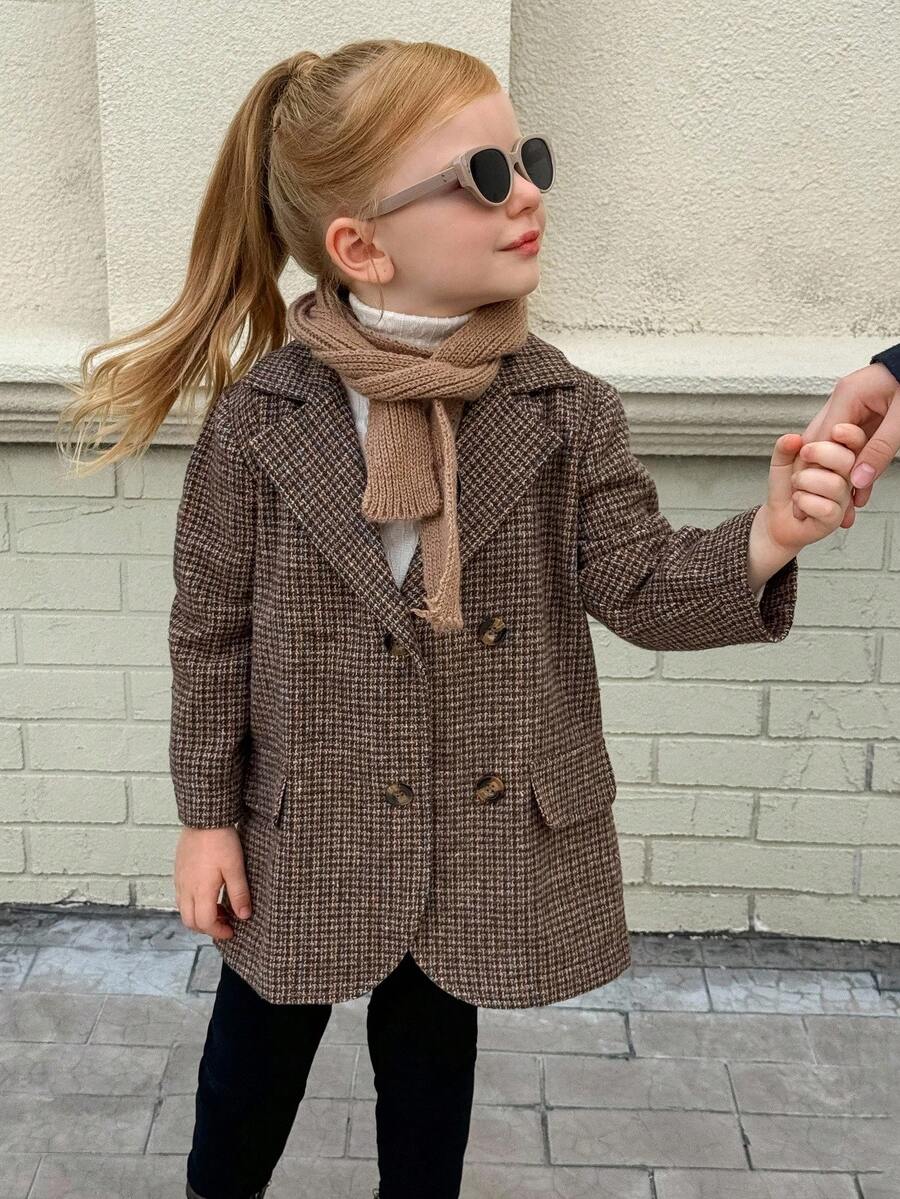 Playful Pals 女童羊毛混纺呢子大衣，高端英伦风缺口领口复古格纹，时尚优雅，适合秋冬日常穿着和朋友聚会