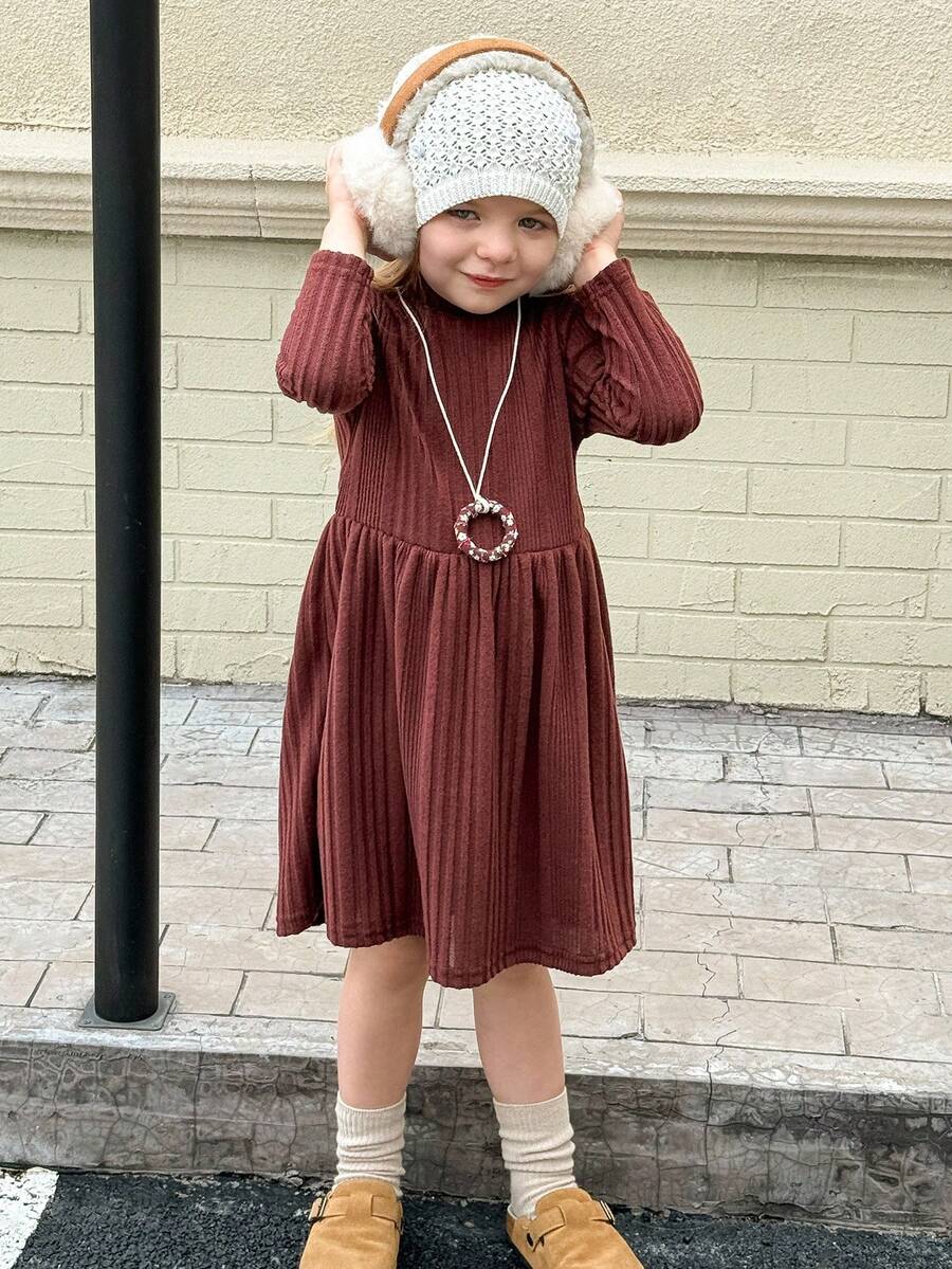 SHEIN Playful Pals Young Girl' Casual Versatile Ribbed Fabric High Neck Elastic Waist Flared Long Sleeve Dress, Autumn/Winter Fall - Brown - View 1
