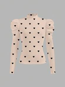 SHEIN 3 件套青少年女孩休闲百搭修身立领泡泡长袖心形印花 T 恤，秋冬 - 彩色 - 查看 2