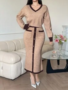 DAZY Women's Casual V-Neck Colorblock Sweater With Pockets & Button Decor + Straight Skirt 2-Piece Set, Autumn