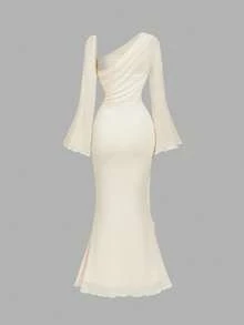 SHEIN MOD Asymmetric Shoulder Flare Sleeve Apricot Bow Metal Buckle Dress - Apricot - View 2