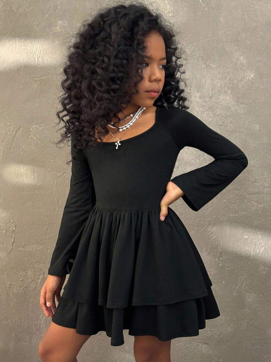 Coolane Kids Tween Mädchen Teenager Herbst Winter, Streetwear, süße Party, schwarzes bequemes Trompetenärmel einfarbiges mehrschichtiges Kuchen Langarm Kleid, Halloween Weihnachtsparty Kleid, Neujahr