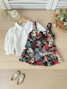 SHEIN 2-Pack Baby Girl Elegant Khaki Long-Sleeved Shirt Floral Pattern Dress Set,Cute Autumn Party Outfit,Black And White,Ideal For Wedding,Birthday,School - Multicolor - View 3