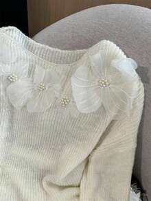 SHEIN Women's Casual Loose 3D Floral Decor Drop Shoulder Long Sleeve Sweater, Autumn - Beige - View 6