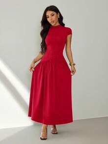 SHEIN PETITE 女士优雅简约纯色短袖修身连衣裙，夏季 - 酒紅色 - 查看 3
