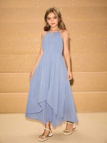 万圣节派对儿童长款雪纺公主裙、女童钢琴演奏会礼服、婚礼花童伴娘礼服 - 藍色 - 查看 5