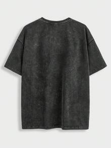 Manfinity ZONE917 T-shirt à manches courtes, col tombant, style vintage délavé blanc, motif graphique noir sexy de vampire d'Halloween, style de rue oversize pour hommes. Convient aux rappeurs et aux sorties. - Noir - Voir 4