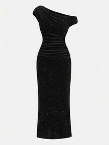 Girlism Tween Girl Casual Elegant Asymmetrisk Halsringning Rynkad Midja Bodycon Maxi Stickad Klänning, Lämplig För Halloweenfest, Tillbaka Till Skolan Outfit, Sammankomster, Utflykter, Svart - Svart - Visa 5