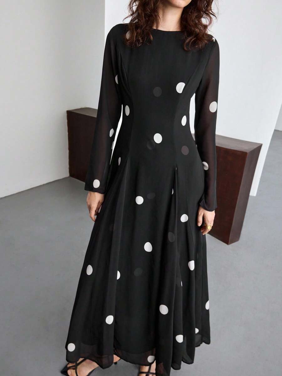 Ontre 2026SS Spring/Summer Women's Long Polka Dot Dress, Black & White, Party & Valentine's Day, A-Line Waist Cinched, Long Sleeve, Round Neck, Casual Chic, Business Casual, Commute, Slimming, Daily Urban Stylish, Minimalist Elegant, Versatile Long Dress - Black - View 1