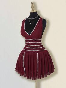 SHEIN ICON Damen Rotes Paillettenbesatz Geraffter Mehrlagiger Rüschen Saum Taillengegürtetes Party Minikleid - Rot - Übersicht 3