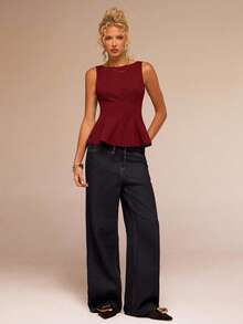 Avantive Women's Round Neck Ruffle Hem Sleeveless Casual Top, Suitable For Commuting And Everyday Wear,Red Top - Burgundy - View 5