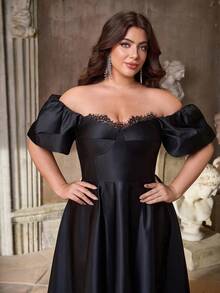 Aureia فستان أنيق وفاخر بأكمام مبالغ فيها وتفاصيل دانتيل على الكتف مع تنورة على شكل حرف A، مناسب للسهرات المسائية والمناسبات الخاصة كالمواعيد والعطلات والزفاف والتخرج والحفلات الراقصة