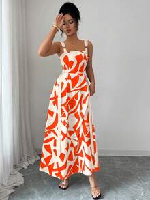 Selianne 女式夏季新款休闲细肩带腰部喇叭形几何印花连衣裙 - 彩色 - 查看 4