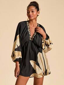 Travachic Vacation Printed V-Neck Long Sleeve Mini Dress For Women,National Day,  New Year Clothes,  Going Out Outfit, Luxury Elegant Graduation, Tunic Dresses,Fall Winter Clothes, Christmas Party, New Year, Wedding Guest Outfits, Elegant Graduation, Luxury Prom Dress, Casual Outfits - Multicolor - View 6