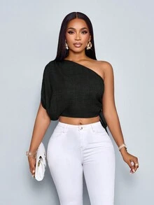 SOLERSUN 春夏女装日常休闲优雅通勤蓝色纹理面料单肩聚拢可调节抽绳侧肩带梭织衬衫 - 黑色 - 查看 4