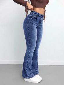 SHEIN Tall 女士休闲修身弹力喇叭牛仔裤，新年圣诞节高腰牛仔裤 - 深色水洗藍 - 查看 4