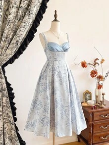 Vintamour Vintage Elegant Women's Dress Floral Jacquard Textured Satin Patchwork Faux Pearl Embroidered Dress Holiday Party Gown - Baby Blue - View 3