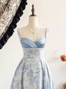 Vintamour Vintage Elegant Women's Dress Floral Jacquard Textured Satin Patchwork Faux Pearl Embroidered Dress Holiday Party Gown - Baby Blue - View 5