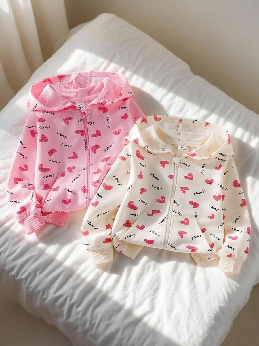 SHEIN 2件套女童针织连帽长袖可爱卡通印花拉链外套，带口袋，杏色和粉色，春秋季儿童休闲外套 - 彩色 - 查看 1