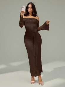 Modelyn Đầm dài tay trễ vai thời trang đi nghỉ thường ngày cho nữ - màu nâu - Xem 3