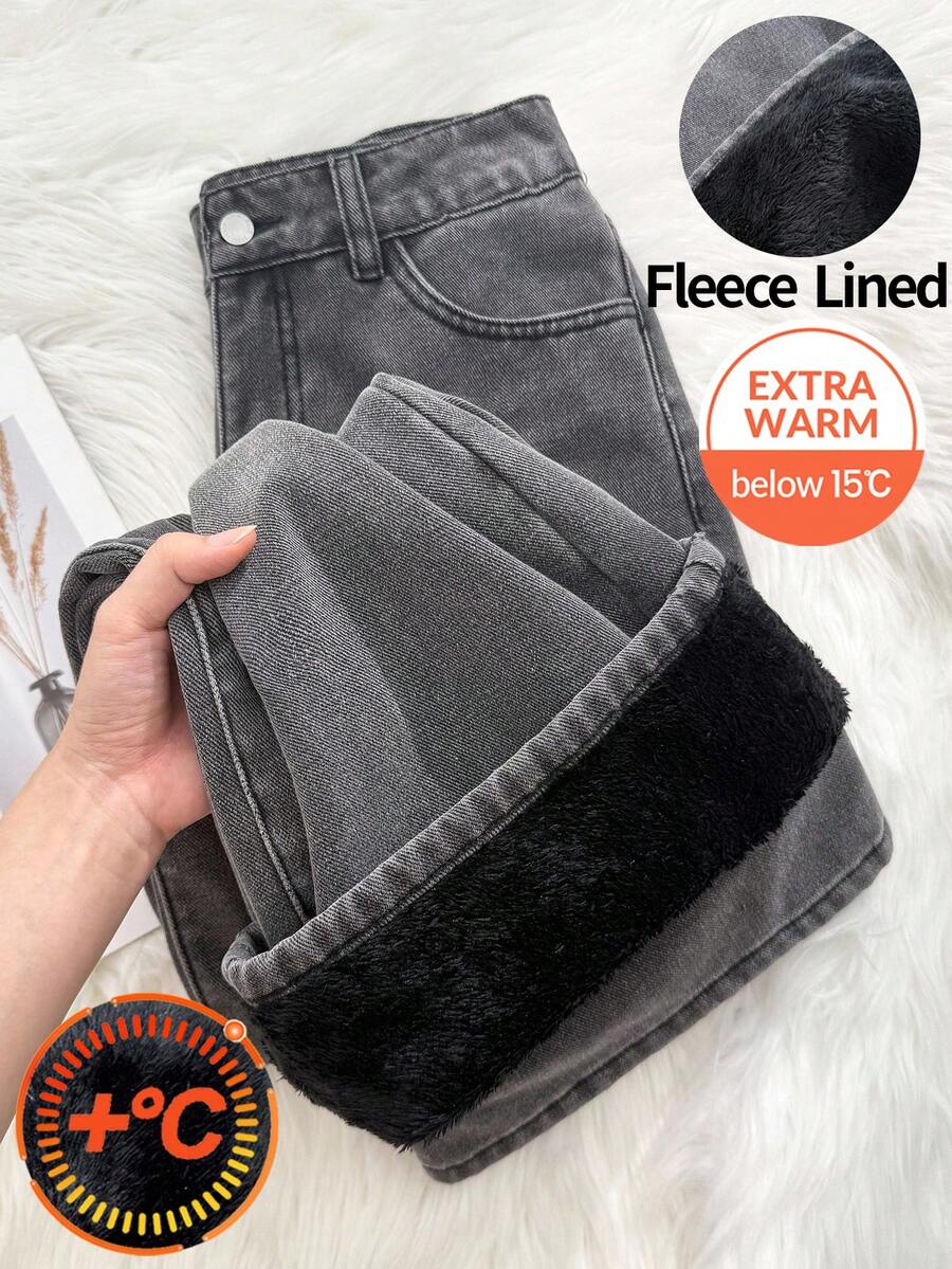 SHEIN Spodnie jeansowe dla nastolatek w kolorze szarym, z podszewką termiczną i luźnym krojem, ciepłe ubrania na jesień/zimę, codzienne jeansy z wysokim stanem, uniwersalne jeansy z szerokimi nogawkami Y2k, stroje nauczycielskie dla dziewcząt, stroje do szkoły dla dziewcząt, sukienki do kościoła, biznesowe, casualowe stroje dla dziewcząt, jeansowa sukienka cargo, luźne spodnie dla dziewcząt na jesień i zimę, jeansy z wysokim stanem i długimi szerokimi nogawkami dla nastolatek, styl uliczny