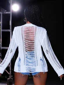 BamGleam Women's Sweater With Cut-Out Design, Distressed, Round Neck, Long Sleeve, Fringe, Loose Fit, Pure White, Autumn/Winter