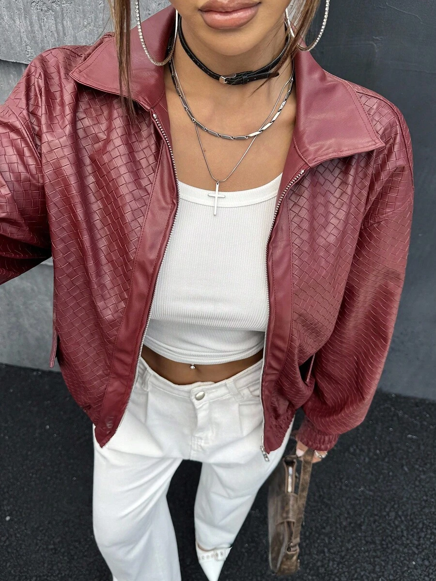 SHEIN ICON 女式长袖PU皮革拉链休闲棒球夹克秋季女装 - 酒紅色 - 查看 1