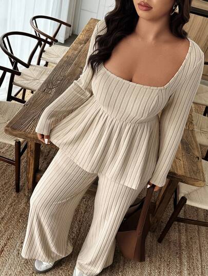 EMERY ROSE 女士加大码毛绒面料宽松领上衣，温暖休闲两件套，秋冬