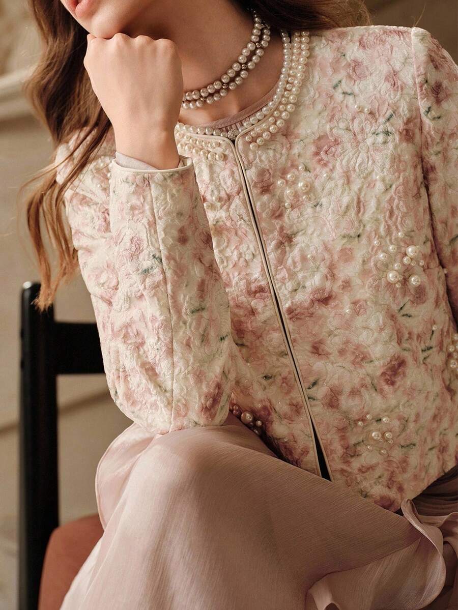 Savoree Romantic, Elegant, Exquisite Lady's Floral Print, Embossed Texture, Sequins Decor Long Sleeve Round Neck Short Jacket, Suitable For Spring & Autumn