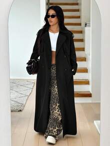 Solflare Plus Size Women's Solid Color Lapel Collar Long Sleeve Double-Breasted Long Windbreaker Jacket, Spring/Autumn - Black - View 7