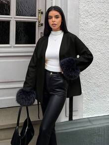 SHEIN EZwear 女士休闲纯色长袖外套，秋冬季短款套装 - 黑色 - 查看 4