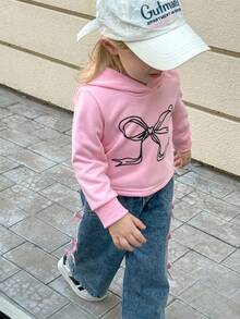 SHEIN 2pcs/Set 6Months-3Years Baby Fall Outfits For Girl Casual And Korean Style Suit,Bowknot-Printing ,Long Sleeves Hoodie&Long Jeans Winter - Pink - View 3
