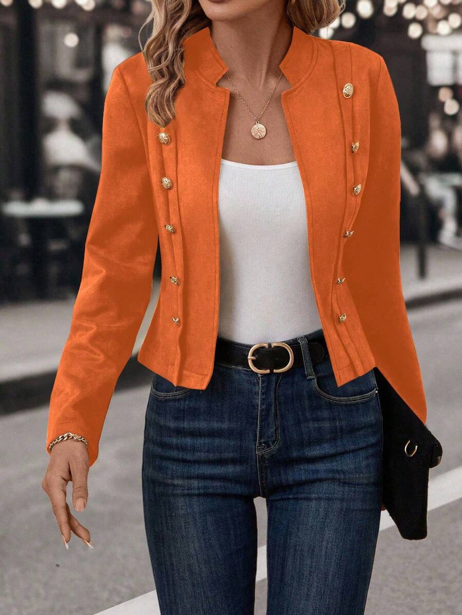 EMERY ROSE Women's Casual Fashionable Street Style Simple Solid Color Gold Button Decor Fitted Suede Jacket, Autumn - Orange - View 1