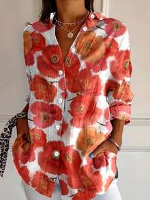 EMERY ROSE ​Women's Floral Leaf Print Button-Front Shirt Long Sleeve All-Over Print Fall Winter Blouse Chic - Multicolor - View 1