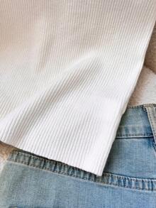 Franclia 女士优雅时尚简约修身毛衣，珠光饰边，圆领短袖上衣 - 白色 - 查看 5