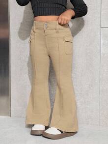年轻女孩卡其色牛仔弹力紧身喇叭裤 - 卡其色 - 查看 6