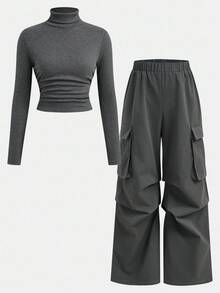 Girlism Tween Girls Grey Knit Pullover Sweater And Cargo Pants Set Fall Winter - Dark Grey - View 12