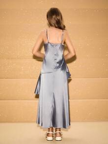 女孩优雅荷叶边下摆无袖派对连衣裙，适合万圣节、圣诞节、聚会 - 藍色 - 查看 2