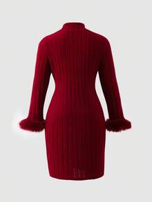 Tween-Mädchen Einfarbiges Kleid, Herbst-/Winter-Design mit Kunstpelzbündchen, langärmliges Rippstrickkleid, elegant und sanft, geeignet für den Alltag, Veranstaltungen, Urlaub, Fotografie, Feiertage, Weihnachten, Partys, Herbst-Weihnachtskostüme, langärmliges Kleid, rotes Kleid