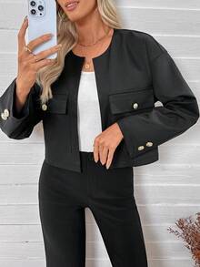SHEIN LUNE جاكيت طويلة الأكمام باللون الأسود الأساسي والبسيطة للنساء للاستخدام اليومي - الأسود - مشاهدة 1