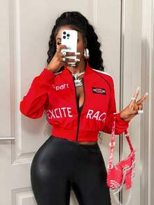 BamGleam Giacca corta con chiusura lampo e blocchi di colore a contrasto, di moda e versatile per le donne - Rosso - Visualizzare 6