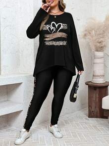 SHEIN LUNE Conjunto de 2 piezas de camiseta de manga larga y pantalones de yoga con estampado de leopardo y corazón brillante para mujer talla grande, adecuado para otoño/invierno