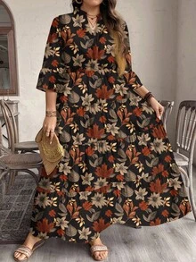 EMERY ROSE 大码复古枫叶印花休闲优雅连衣裙，适合秋冬季 - 彩色 - 查看 4