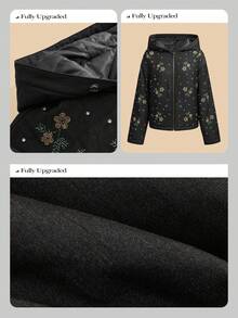 Anewsta Women's Elegant Black & Gray Denim Floral Embroidered & Rhinestone Decorated Hooded Winter Coat, Suitable For Autumn, Fall, Winter, Going Out, Formal, Party, Chic, New Year, Graduation