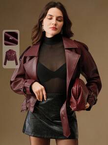 SHEIN X Jwoww Anewsta Áo khoác mô tô thời trang và thanh lịch dành cho nữ, kiểu dáng ngắn, màu đỏ tía, phù hợp cho mùa thu/đông và lễ Halloween - Màu Đỏ Sâu - Xem 1