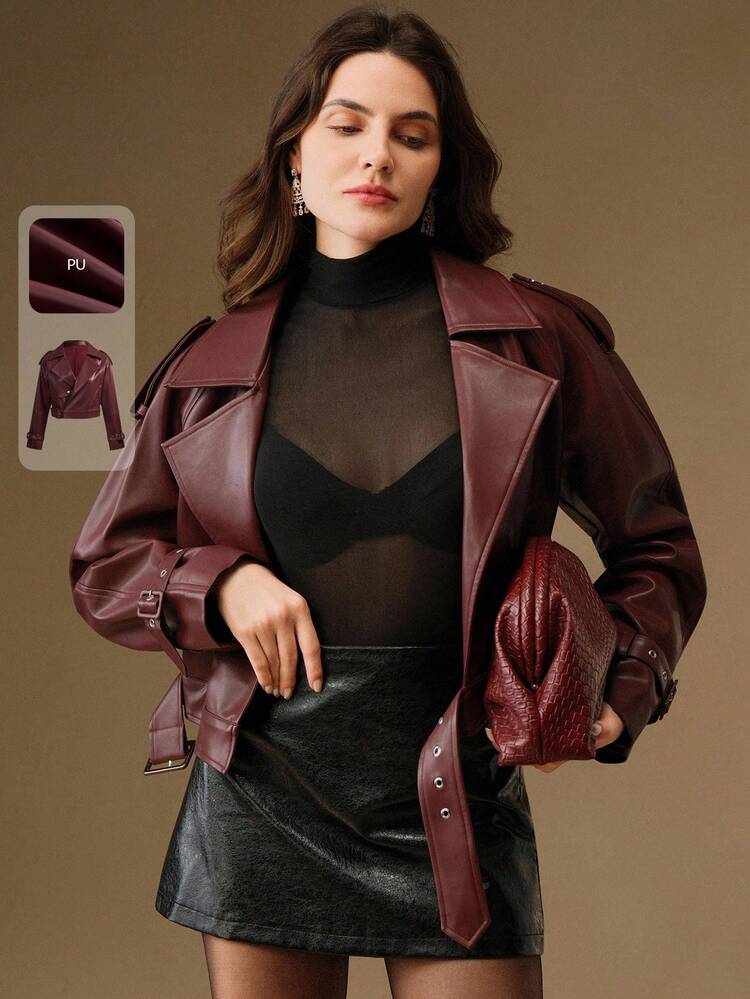 Women's Fashionable & Elegant Motorcycle Jacket, Short Style, Burgundy Color, Suitable For Autumn/Winter And Halloween